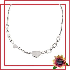 Silver Paper Clip and Cuban Multi Link Clavicle Length Necklace with 2 Hearts